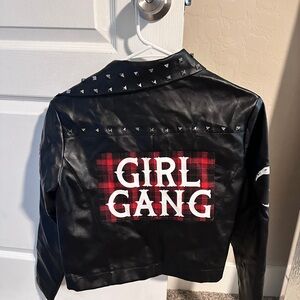 Studded Black Faux Leather Jacket with Red Plaid Patch